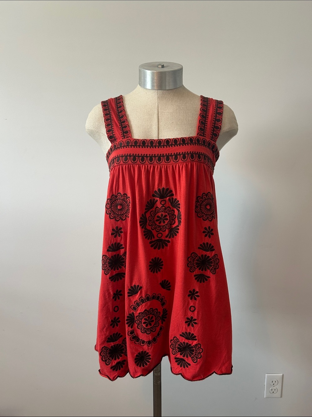 BCBGMaxAzria Red Tank with Black Floral Embroidery